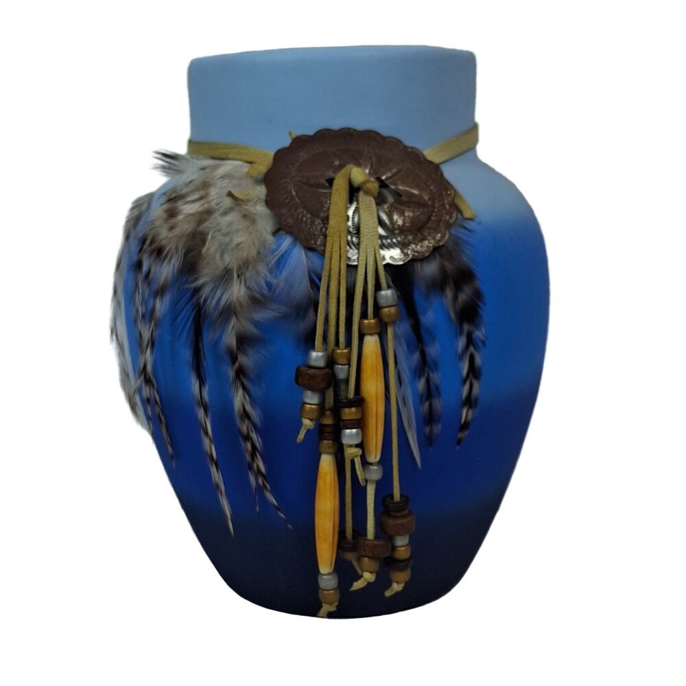 Monague Native Crafts Handcrafted Blue Ombre Ceramic Vase Urn Feathers Beads